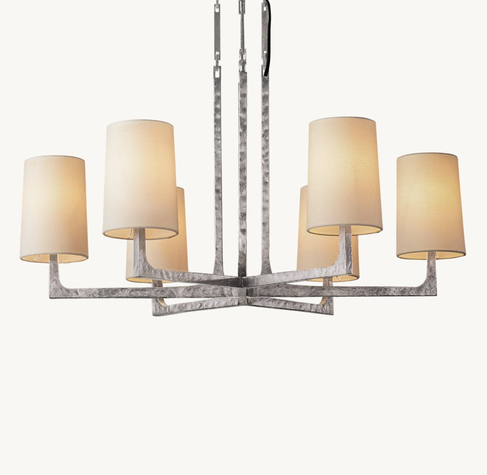 Wright Round Iron Chandelier with Linen Shades