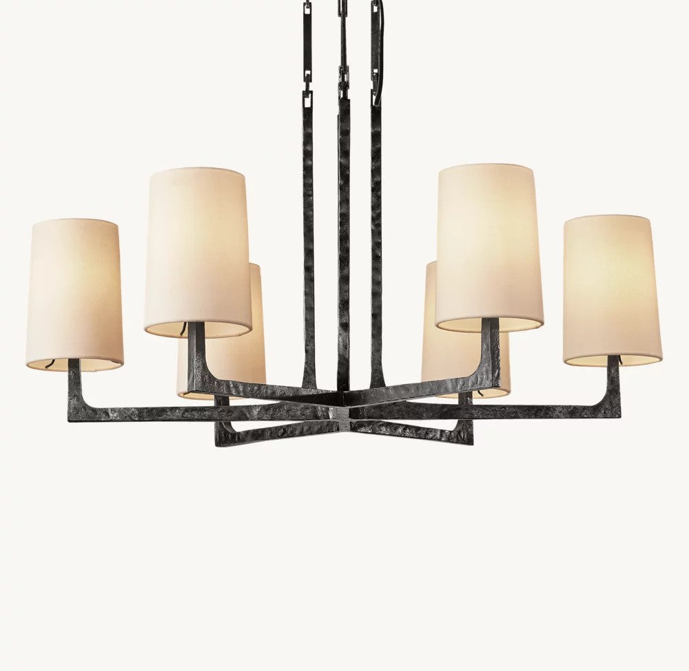 Wright Round Iron Chandelier with Linen Shades