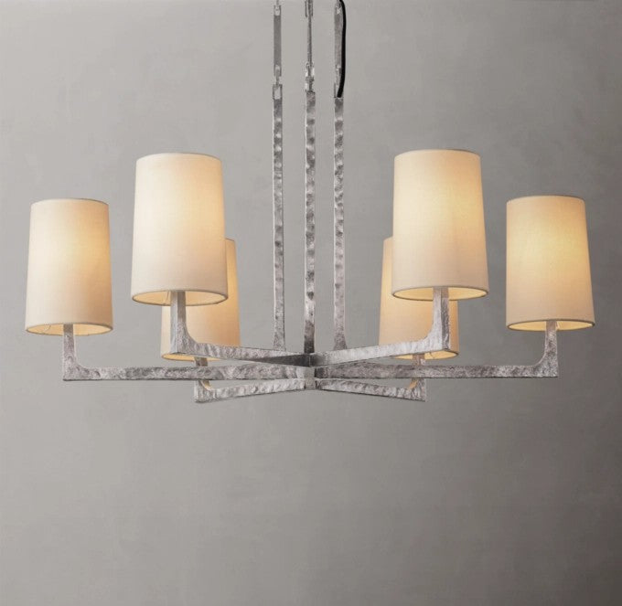 Wright Round Iron Chandelier with Linen Shades
