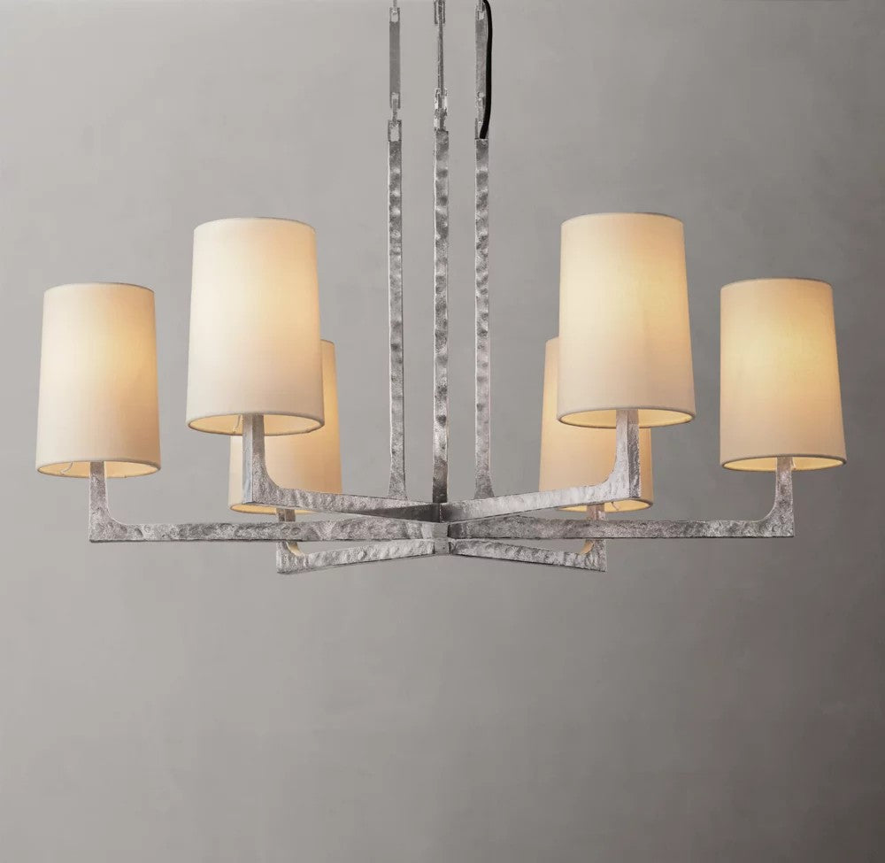 Wright Round Iron Chandelier with Linen Shades